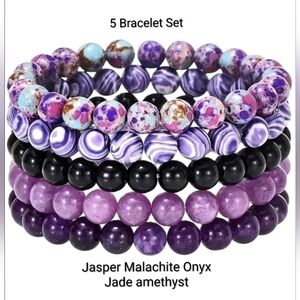 Chakra Bracelets (5) Natural Stone Purple Amethyst Onyx Gemstone Bracelet Set